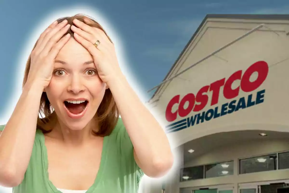 Montaje de fotos de mujer sorprendida con las manos en la cabeza frente a una tienda de Costco.