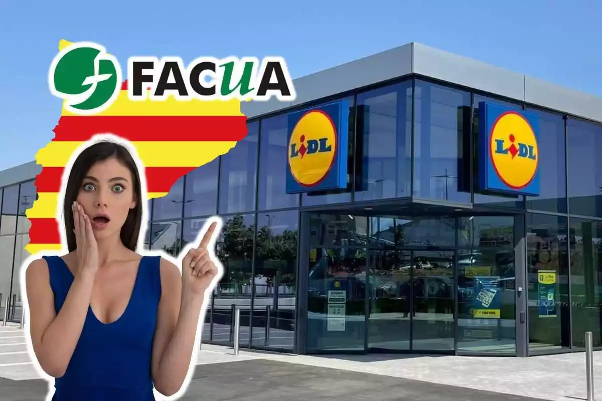 Muntatge de fotos d´un plànol general d´una botiga Lidl i, al costat, la silueta de Catalunya amb una dona amb rostre sorprès i el logotip de Facua al costat