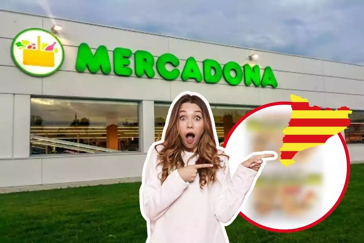 Muntatge de fotos d´una botiga Mercadona i, al costat, una dona amb rostre de sorpresa i una silueta de Catalunya