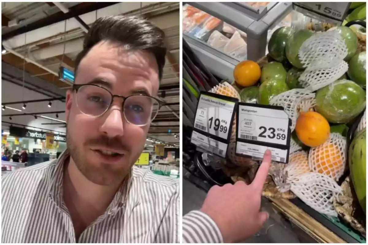 Muntatge de fotos de Rubén, tiktoker de 'Viajealcuadrado' i, al costat, una imatge del preu de la fruita en un supermercat d'Espanya