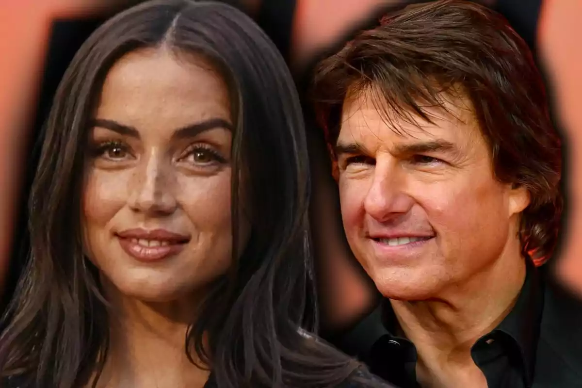 Close-up photo montage of Ana de Armas and Tom Cruise, both with smiling faces.