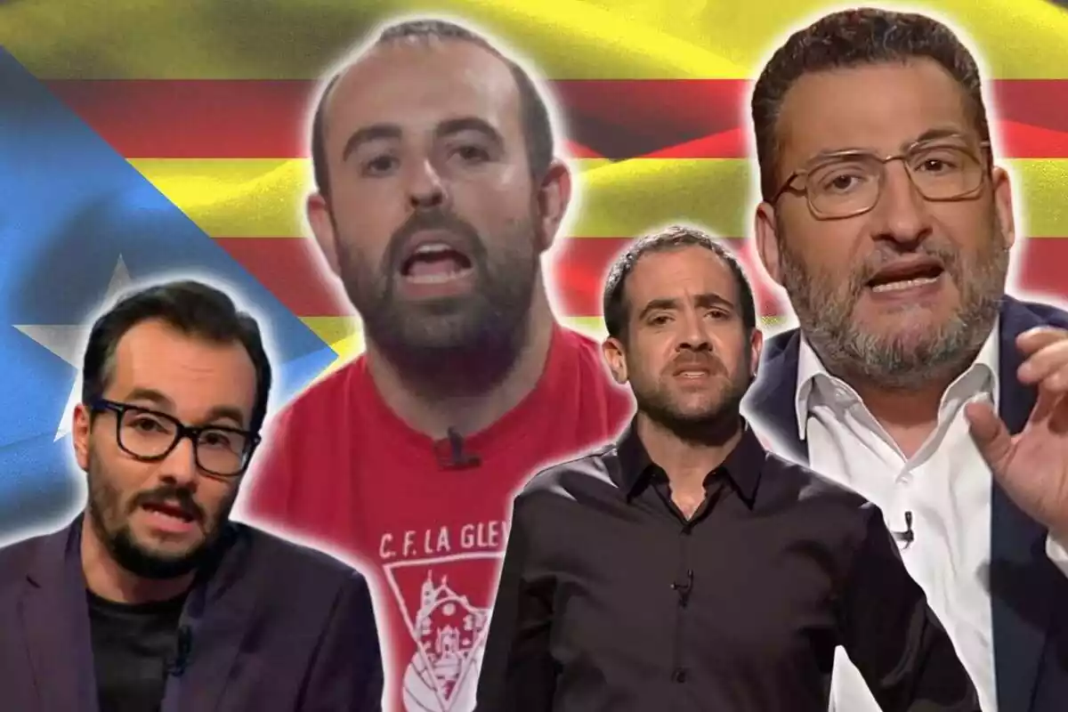 Muntatge de fotos de Toni Soler, Jair Domínguez, Peyu i Joel Díaz amb una estelada de Catalunya darrere