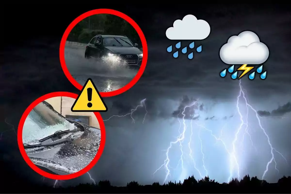 Imatge d'una tempesta elèctrica amb llamps al cel, un cotxe conduint sota la pluja i un parabrisa cobert de calamarsa, acompanyats d'icones de núvols amb pluja i un símbol d'advertència. Imatge d'una tempesta elèctrica amb llamps al cel, un cotxe conduint sota la pluja i un parabrisa cobert de calamarsa, acompanyats d'icones de núvols amb pluja i un símbol d'advertència.