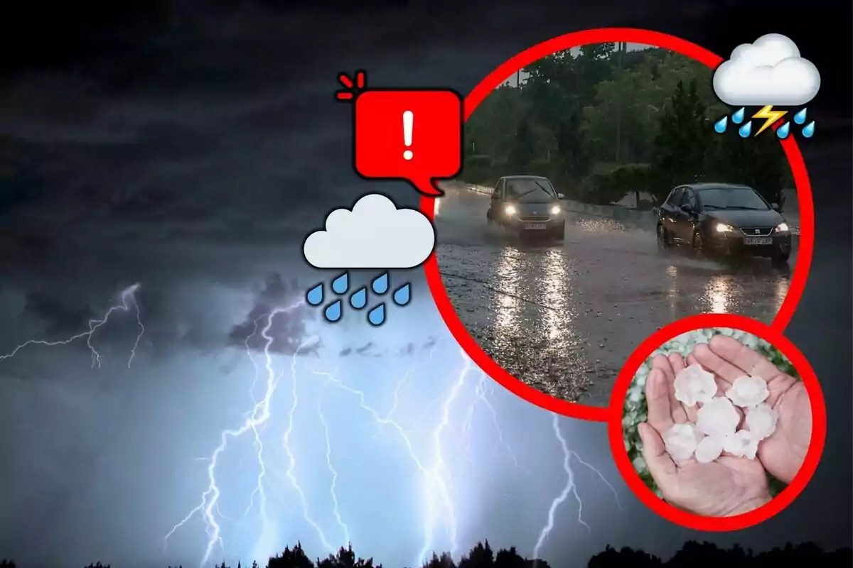 Una tempesta elèctrica amb llamps il·lumina el cel fosc mentre dos cotxes circulen per una carretera mullada i una persona sosté calamarsa a les mans, acompanyat d'icones d'alerta i clima plujós.