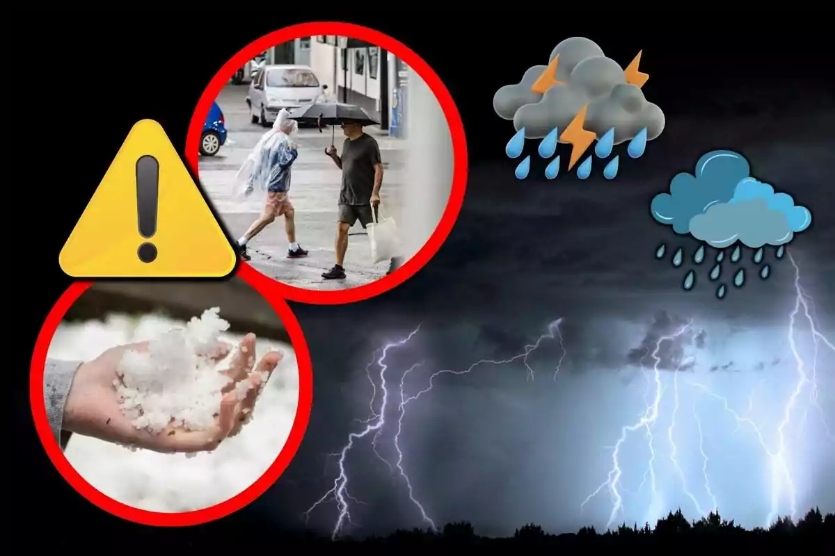 Avís de tempesta amb imatges de persones sota la pluja, calamarsa en una mà, llamps al cel i núvols amb pluja i llamps.