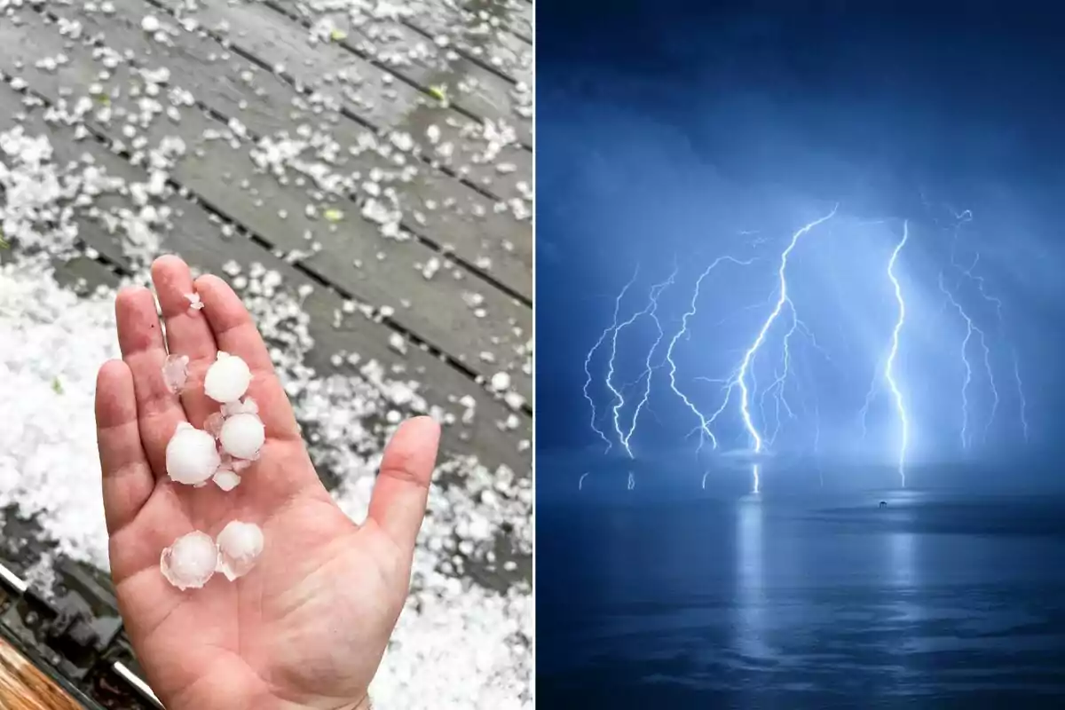 Una mà sosté calamarsa mentre el terra està cobert de gel i al costat s'observa una tempesta elèctrica amb diversos llamps sobre el mar. Una mà sosté calamarsa mentre el terra està cobert de gel i al costat s'observa una tempesta elèctrica amb diversos llamps sobre el mar.