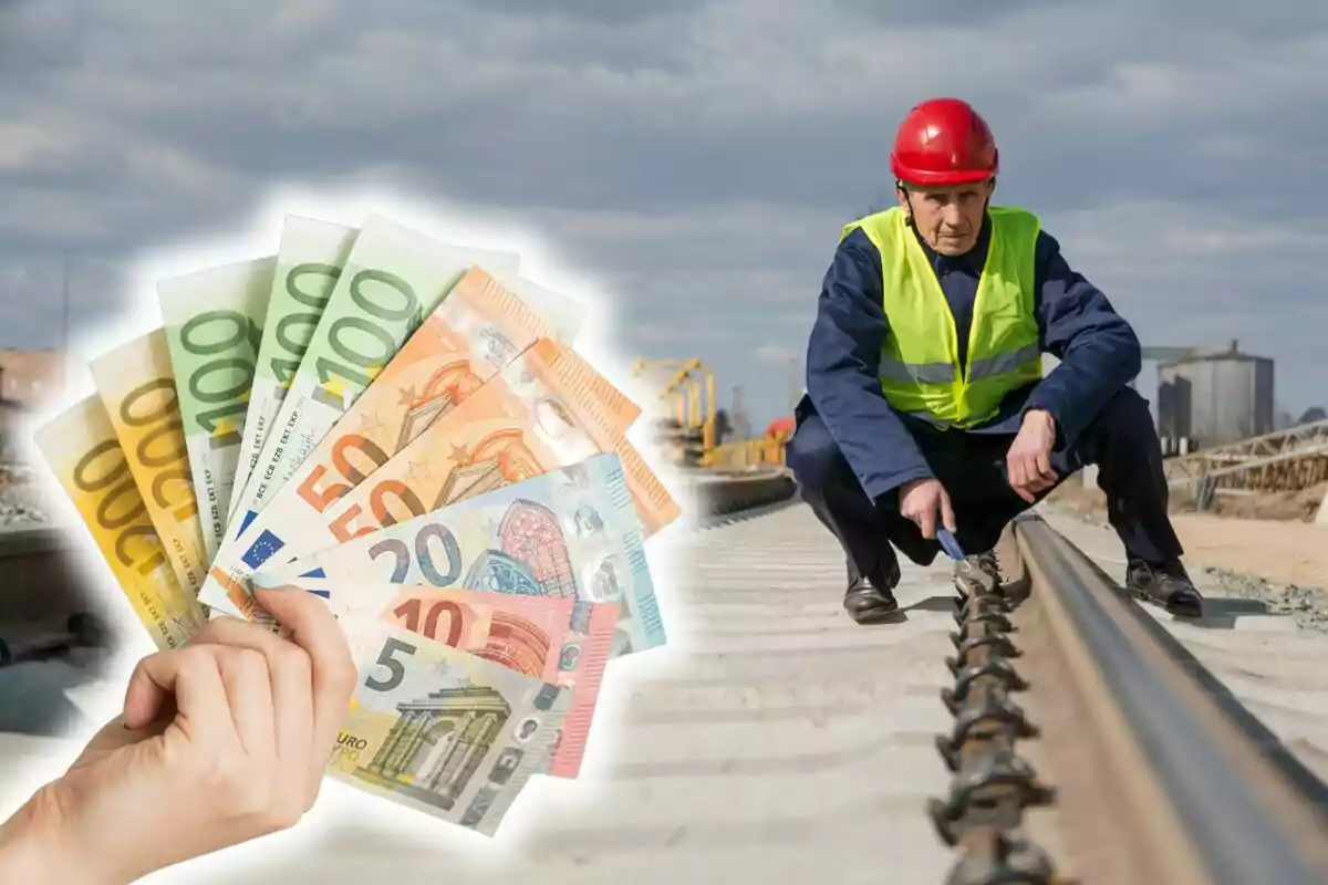 Trabajador de la construcción revisando una vía de tren mientras una mano sostiene billetes de euro. Trabajador de la construcción revisando una vía de tren mientras una mano sostiene billetes de euro.