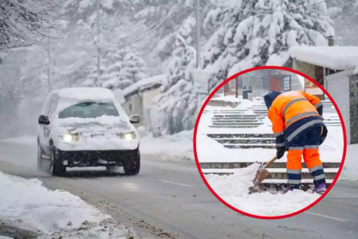 Muntatge de fotos d'un cotxe circulant a una carretera amb neu i, al costat, la imatge d'un home traient neu
