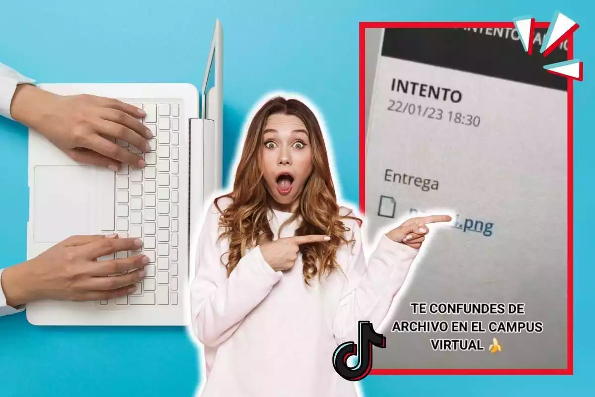 Muntatge de fotos d'unes mans teclejant en un ordinador portàtil i, al costat, una captura d'error de lliurament en un campus virtual amb una dona amb el rostre de sorpresa al costat