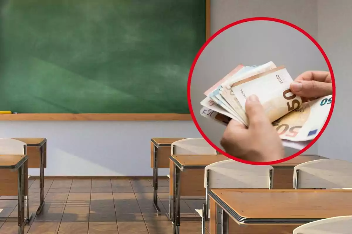 Aula de classes amb escriptoris buits i una pissarra verda, amb un cercle vermell que mostra una mà amb bitllets d'euro. Aula de classes amb escriptoris buits i una pissarra verda, amb un cercle vermell que mostra una mà amb bitllets d'euro.