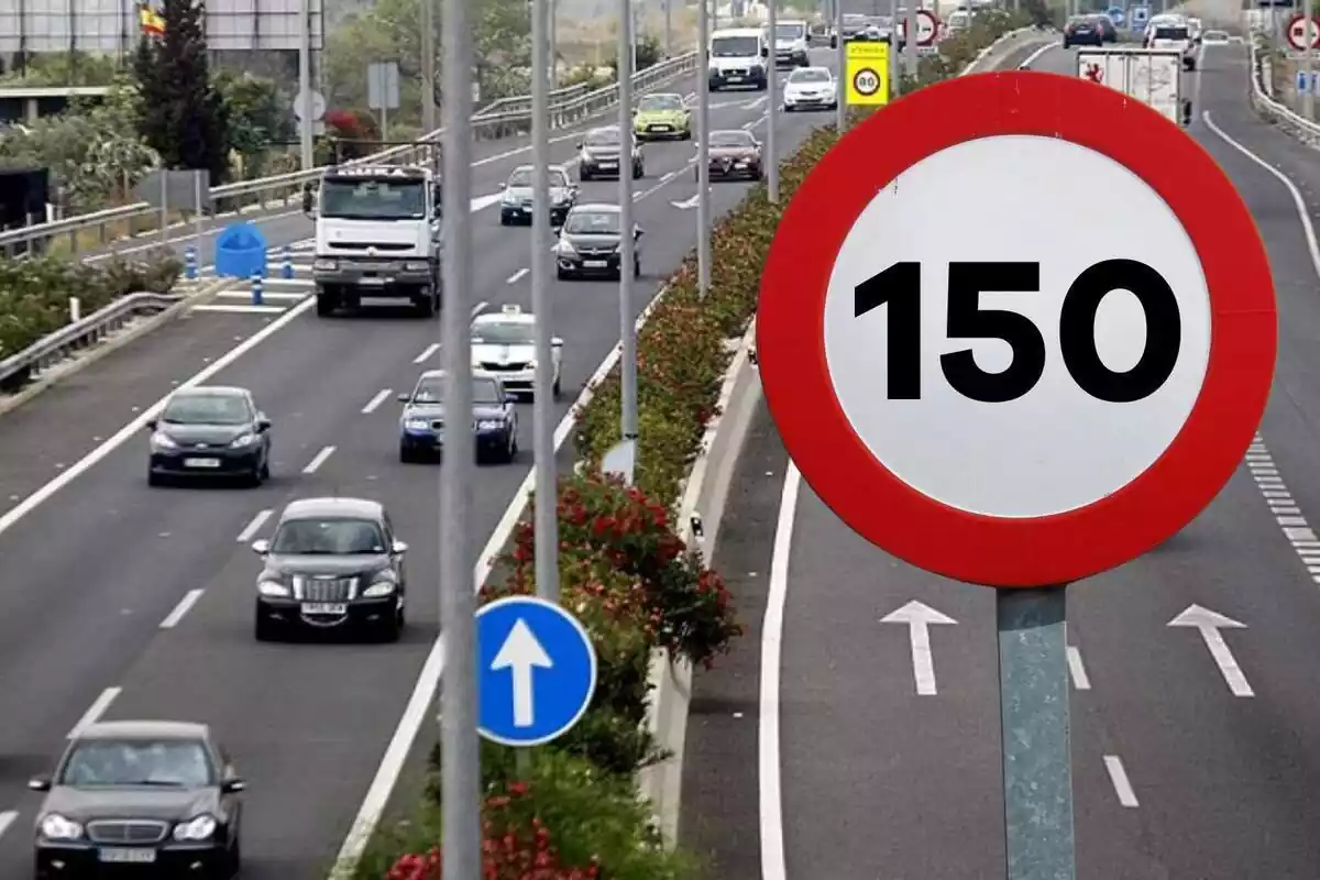 Muntatge de fotos d'una carretera plena de cotxes i al costat un senyal de trànsit que limita la velocitat a 150 quilòmetres per hora