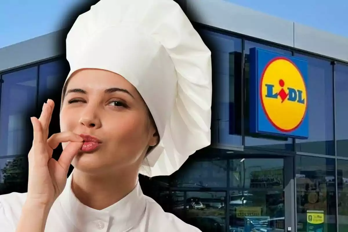 A chef with a white hat gives a thumbs-up in front of a Lidl store.