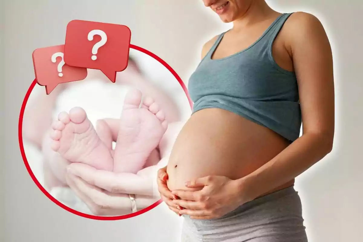 Una dona embarassada somriu mentre sosté el ventre. A l'esquerra, hi ha una imatge superposada dels peus d'un nadó sostingut per una mà, amb dues icones de bombolles de diàleg amb signes d'interrogació.