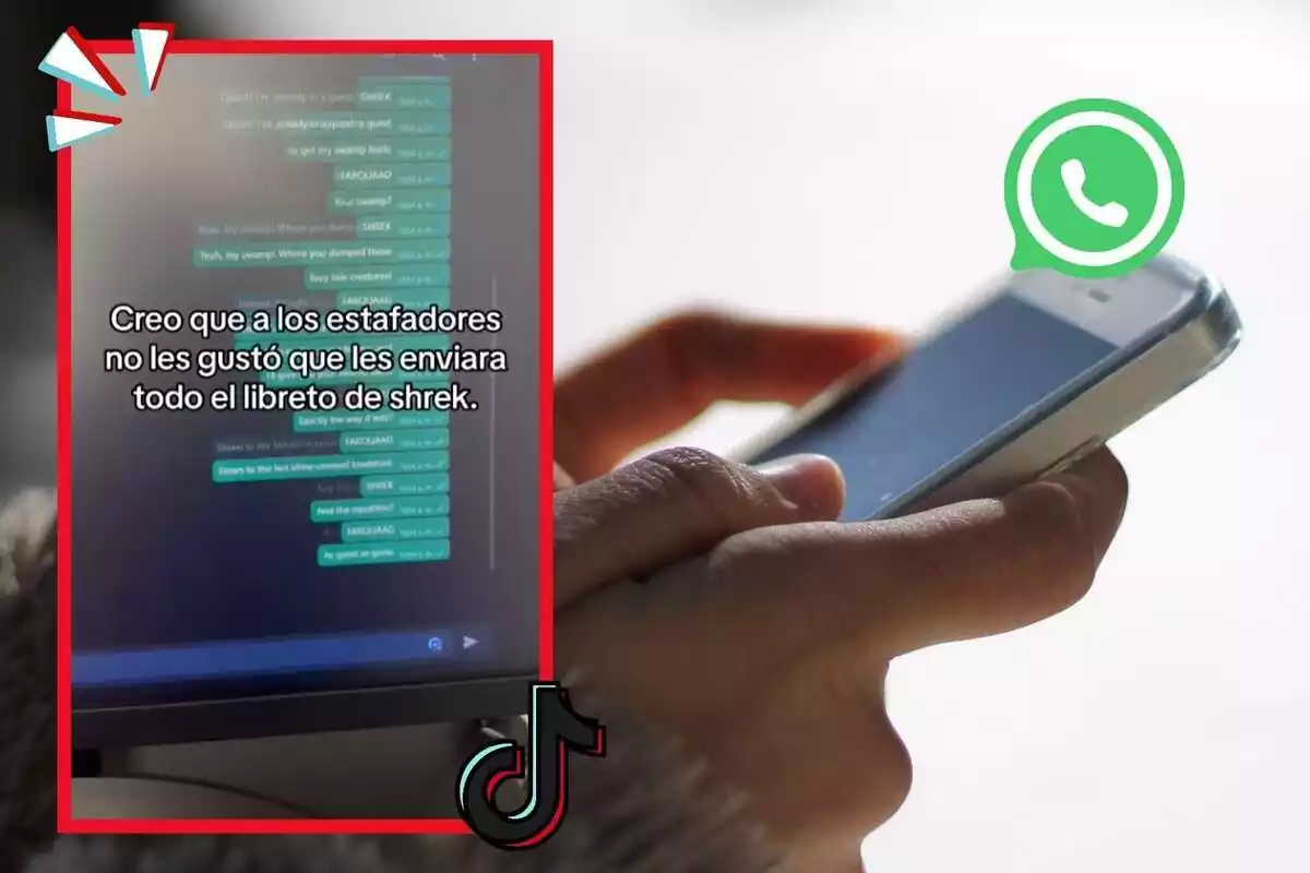 Muntatge de fotos d'unes mans subjectant un mòbil i al costat una captura de pantalla de WhatsApp