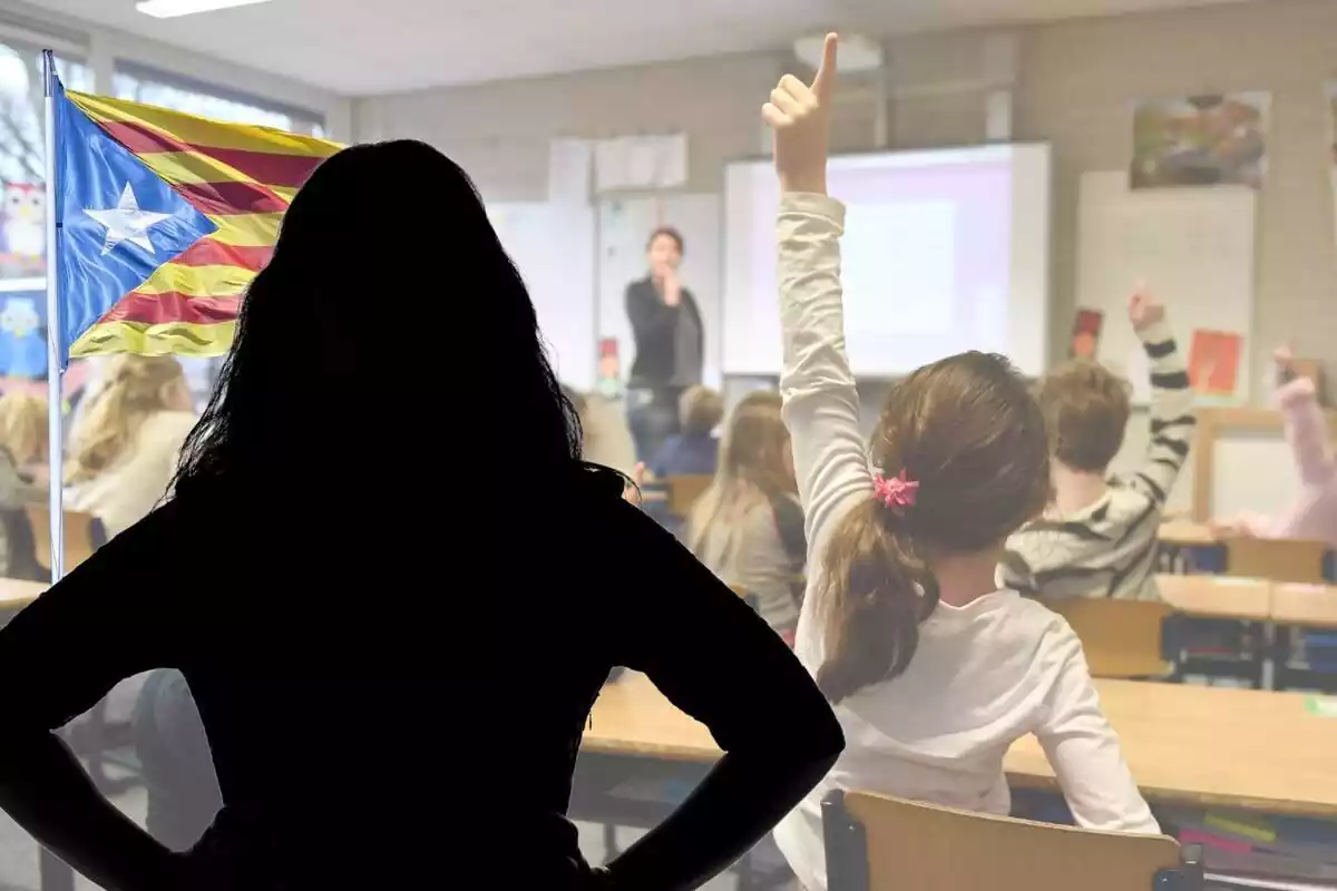 Muntatge de fotos de la silueta d?una dona amb una bandera catalana independentista al costat i, de fons, una imatge d?uns nens a classe