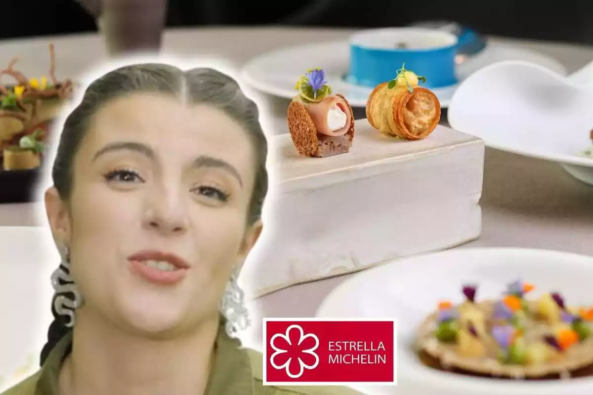 Muntatge de fotos d'un TikTok d'@ElPais on apareix una noia en pla curt parlant de 7 restaurants amb Estrella Michelin a Espanya que costen menys de 65€ i, de fons, la imatge de recurs d'un plat sobre una taula