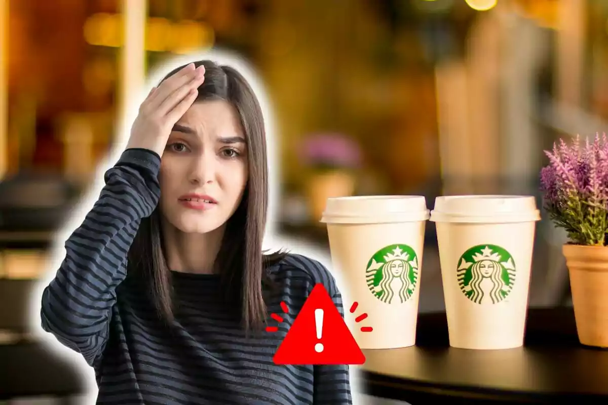 A worried-looking woman touches her forehead as two Starbucks coffee cups sit on a table next to a potted plant, with a warning icon in the foreground.