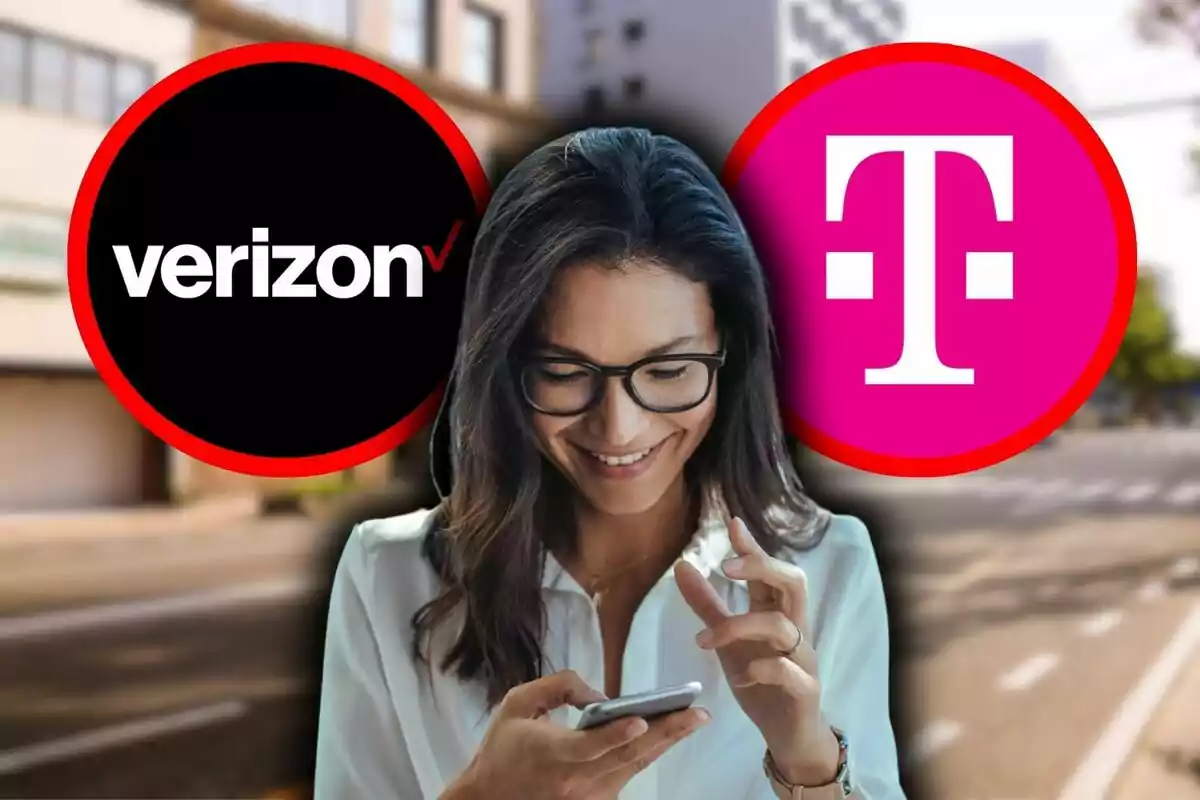 Woman smiling while using a mobile phone with logos of two telecommunications companies, which are T-Mobile and Verizon, in the background.