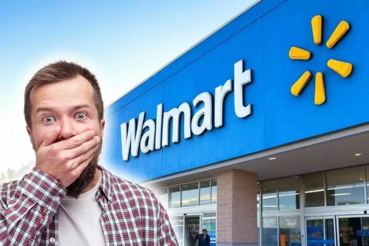 A man surprised with his hand over his mouth in front of a Walmart store.