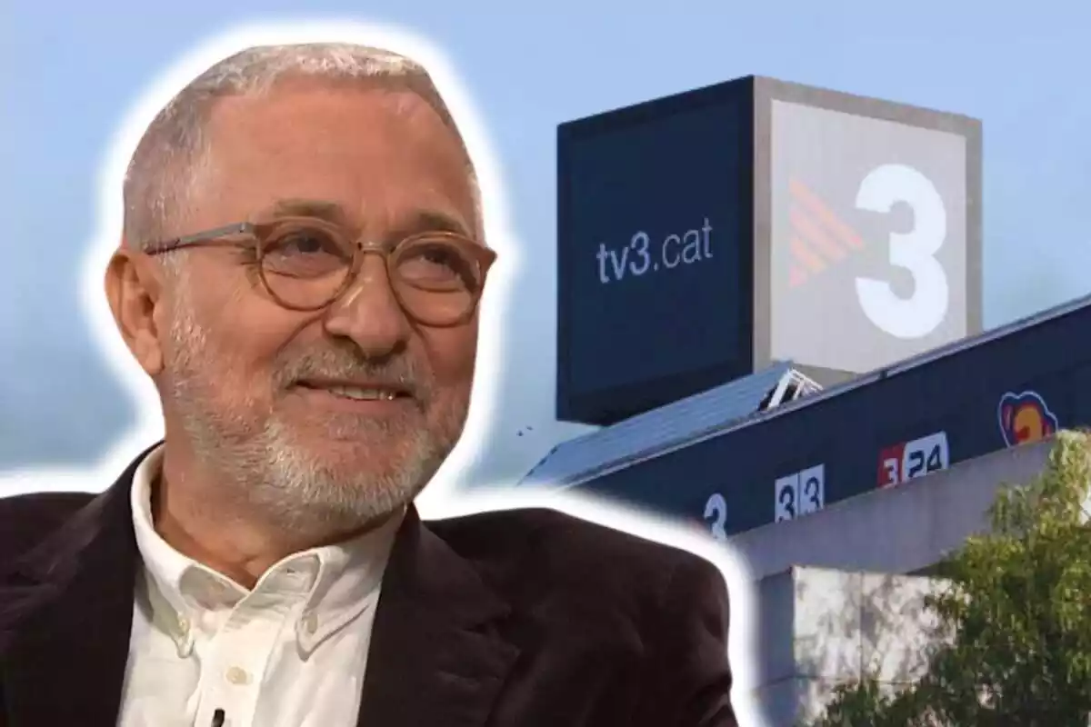 Muntatge de fotos de primer pla de Xavier Sardà somrient i, de fons, una imatge de les instal·lacions de TV3
