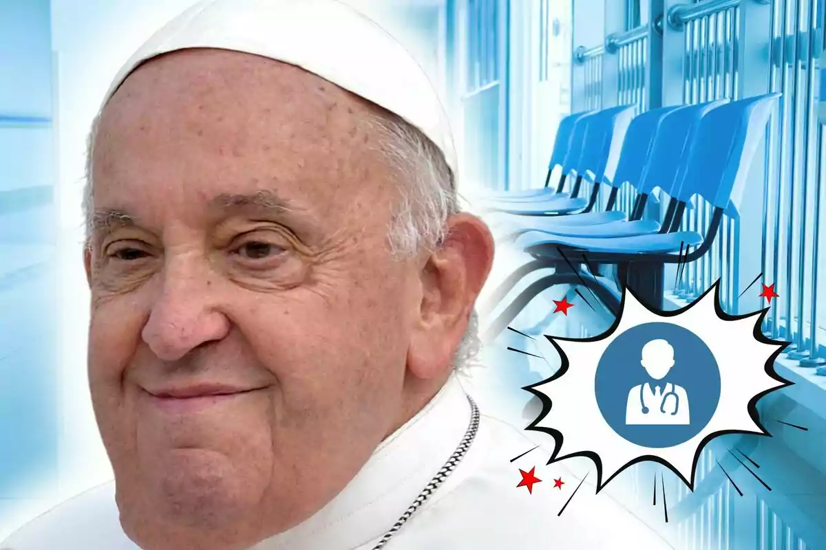 Pope Francis in religious attire appears in the foreground, while in the background there is a waiting room with blue chairs and a medical icon in a graphic design.