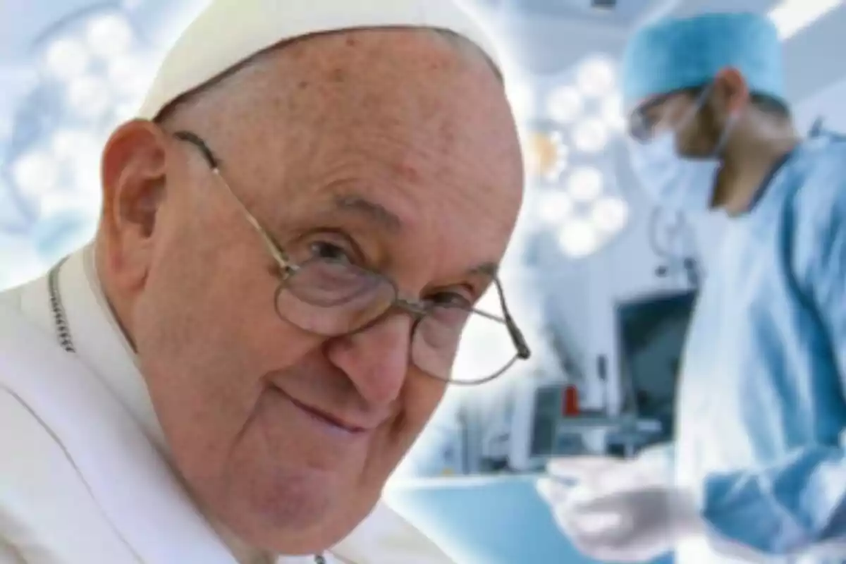 Close-up photo montage of Pope Francis with a smiling face and, in the background, a blurred image of a hospital.