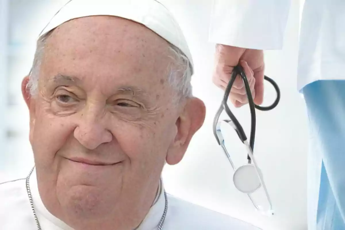 Close-up photo montage of Pope Francis with a doctor in the background.