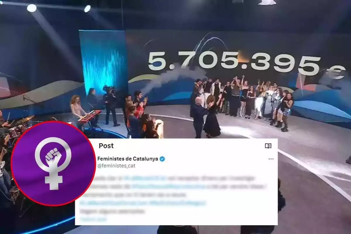 Muntatge de fotos del plató de 'La Marató' de TV3 i un tweet de @Feministes_Cat