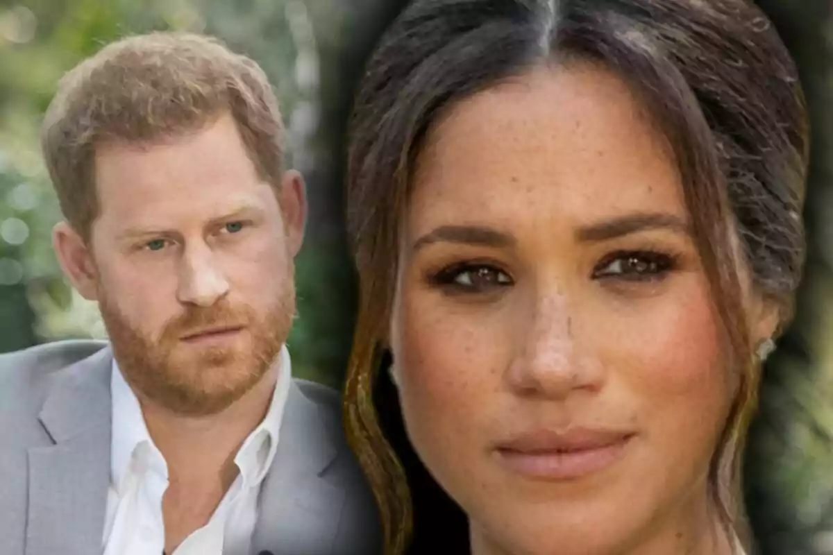 Montaje de fotos de primer plano de Meghan Markle y el príncipe Harry, ambos con rostro serio.