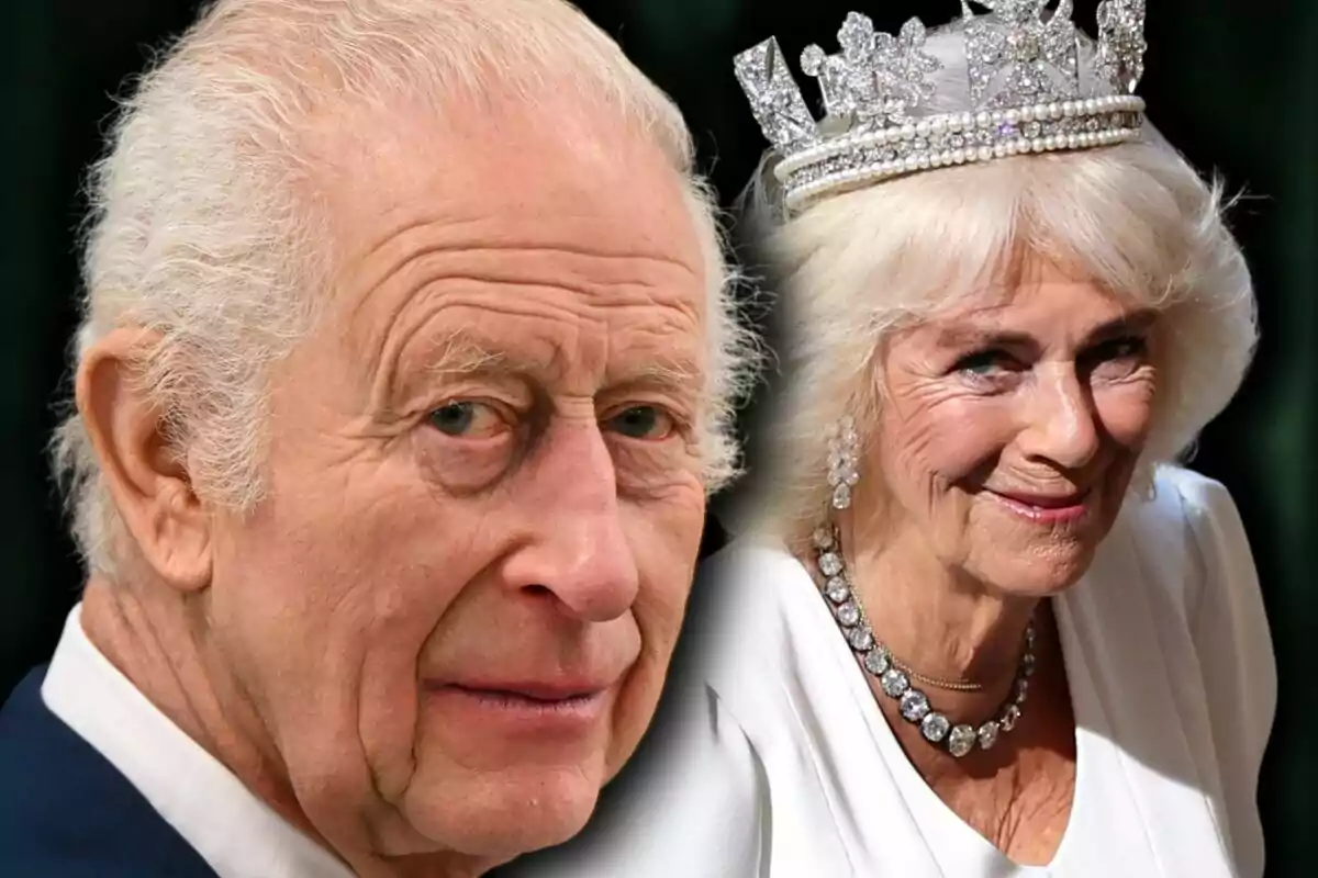 Close-up photo montage of King Charles III with a serious face and Queen Camilla Parker with a smiling face.