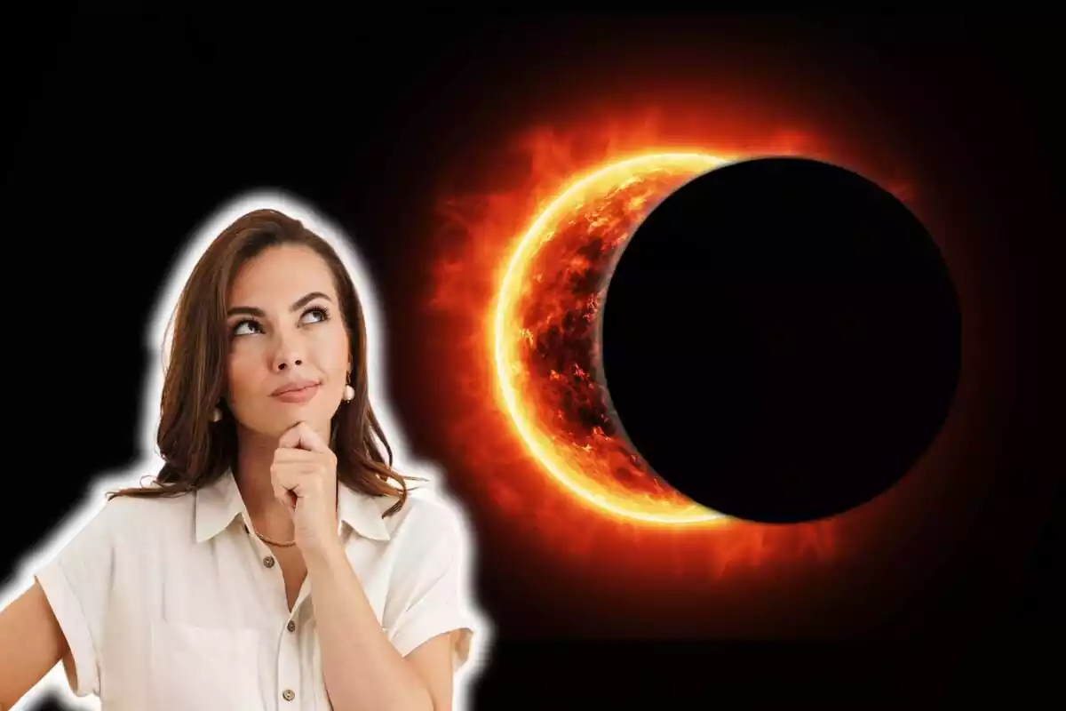 Muntatge de fotos d´un eclipsi solar i, al costat, una dona amb rostre pensatiu