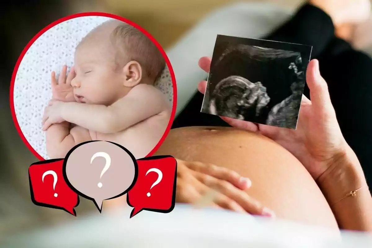Una dona embarassada sosté una ecografia sobre el ventre. A l'esquerra hi ha una imatge circular d'un nadó dormint, envoltada de signes d'interrogació en bombolles de diàleg.