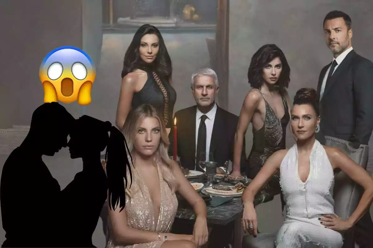 Muntatge de fotos de l'elenc dels principals actors de la sèrie 'Pecado Original' i, al costat, la silueta d'una parella amb un emoji de sorpresa