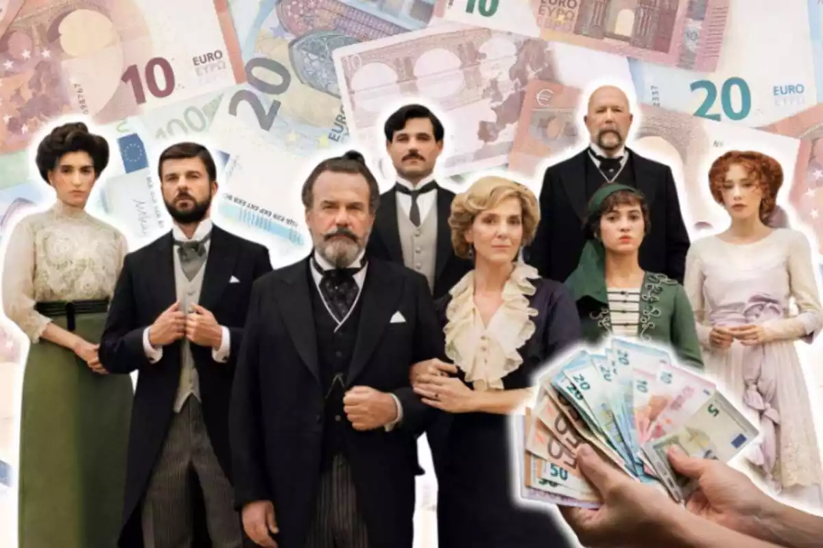 Muntatge de fotos de l'elenc de la sèrie de RTVE 'La Promesa' amb una mà subjectant bitllets d'euro al costat