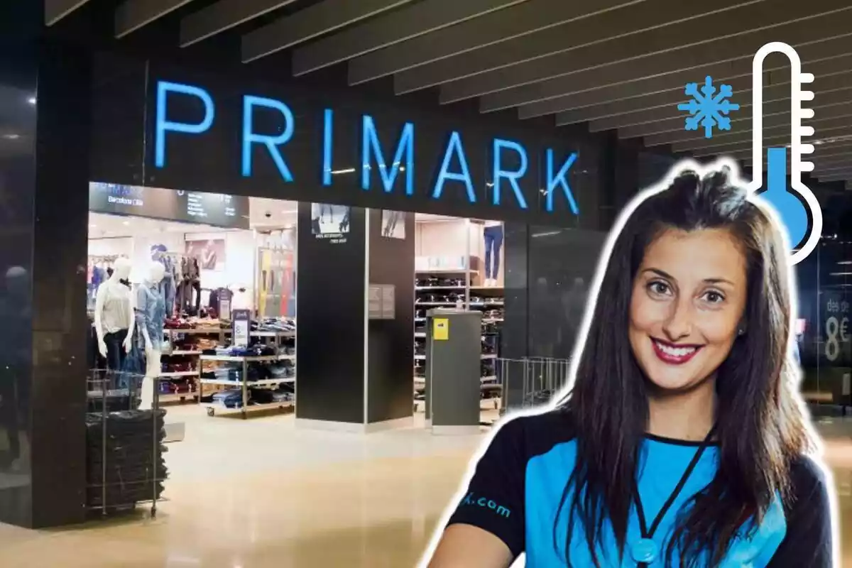 Muntatge de fotos d'un empedrat de Primark somrient i, de fons, una imatge d'una botiga Primark