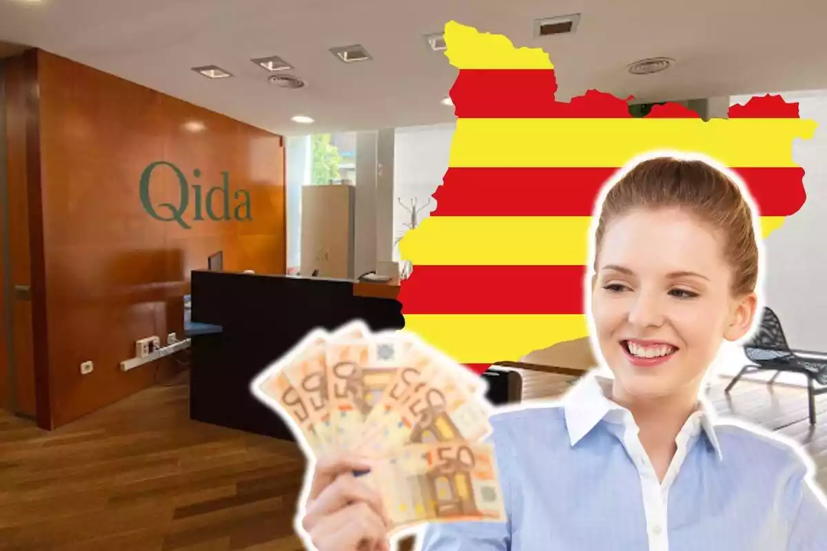 Muntatge de fotos d?una instal·lació de l?empresa Qida i, al costat, una dona subjectant bitllets d?euro i la silueta de Catalunya