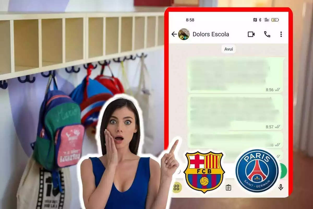 Muntatge de fotos d´una captura de WhatsApp amb els logos del Barça i el PSG i, al costat, una imatge d´una dona amb rostre de sorpresa i una imatge d´una escola de fons