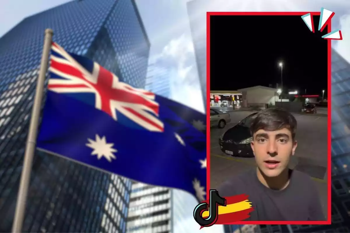 Muntatge de fotos de Sergio Valla, un tiktoker espanyol i, al costat, la bandera d'Austràlia