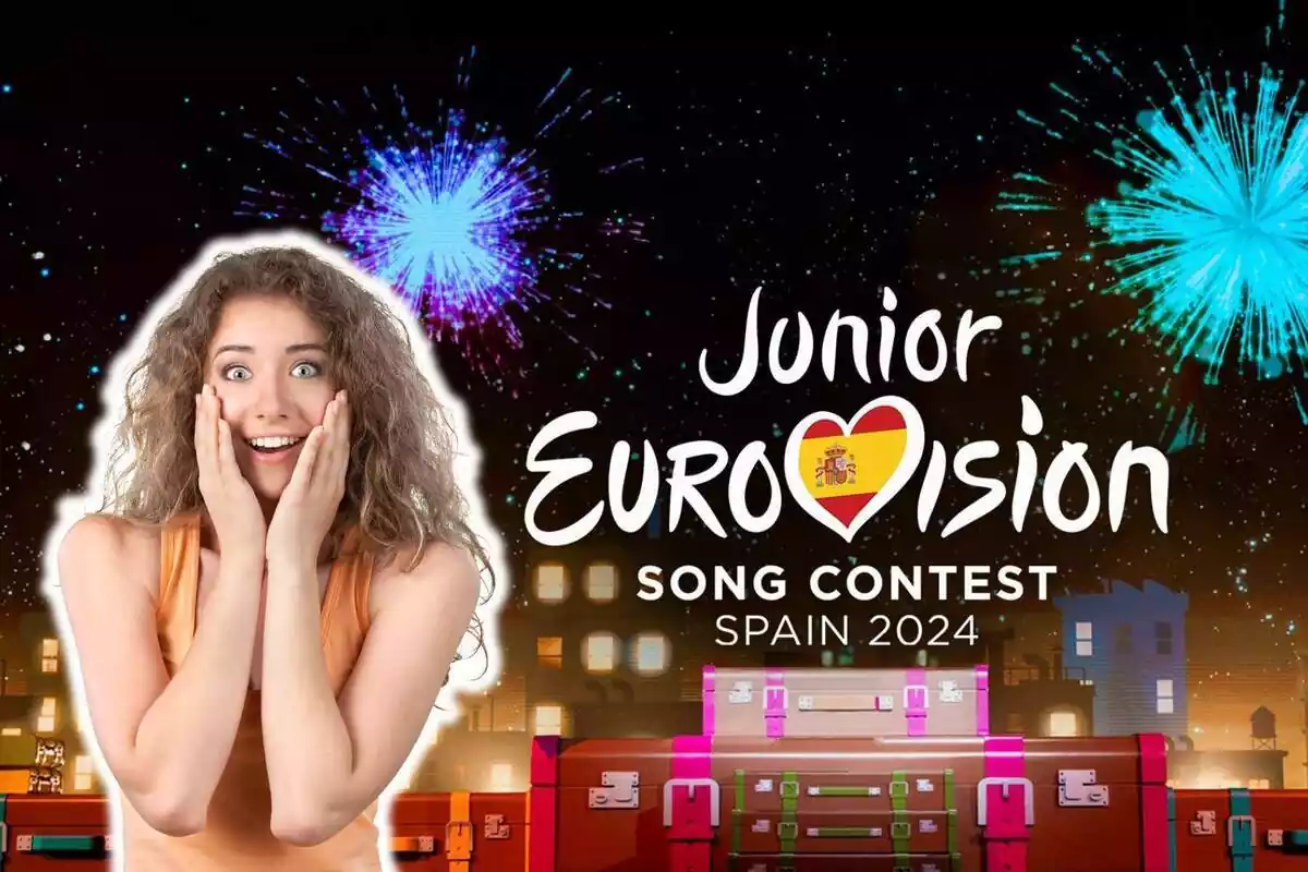 Muntatge de fotos del cartell d'Eurovisió Junior i, al costat, una persona amb cara de sorpresa