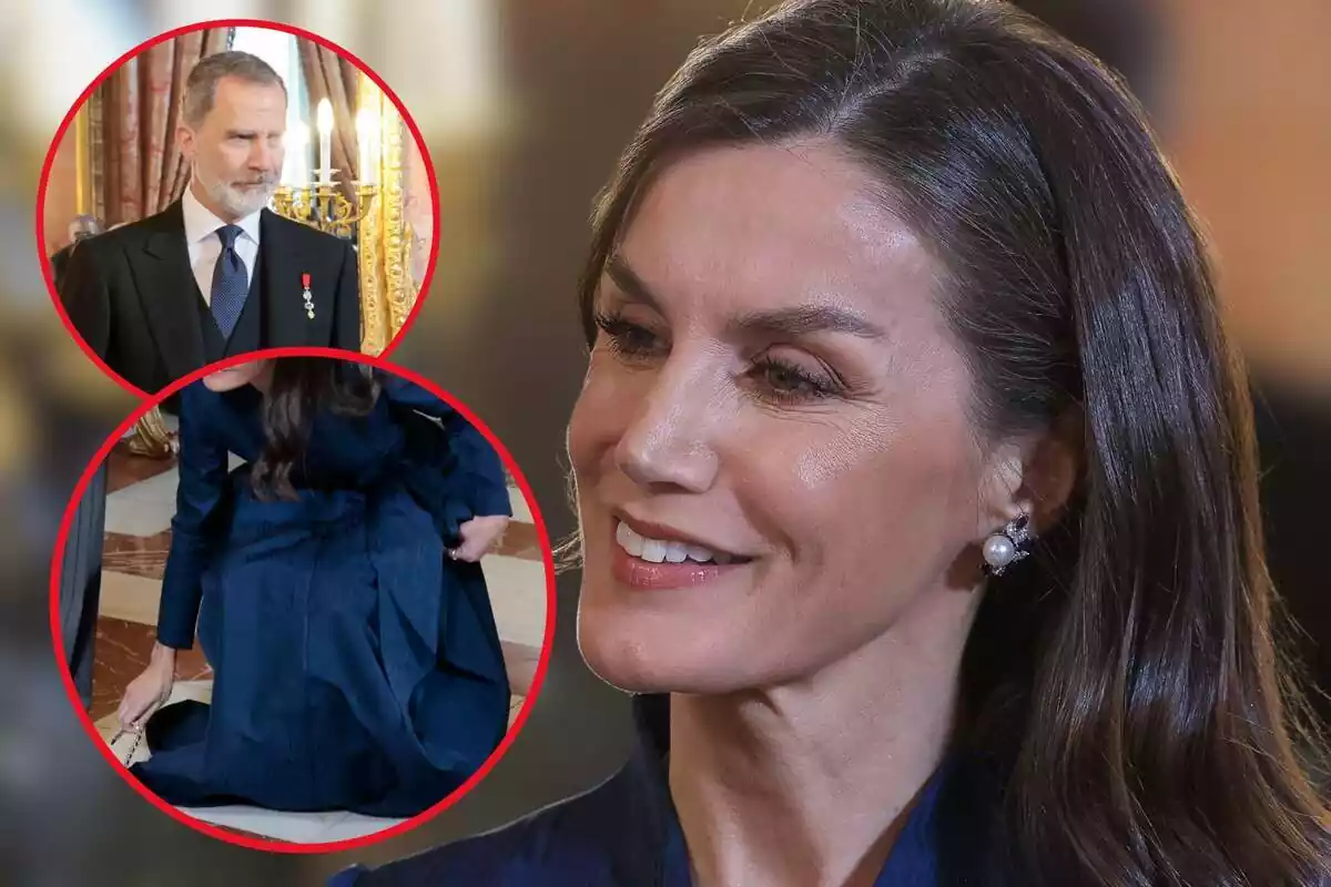 Muntatge de fotos de primer pla de Letizia somrient i, al costat, una imatge ajupida i del rei Felip amb rostre seriós durant la recepció anual del Cos Diplomàtic Acreditat a Espanya, al Palau Reial, el 31 de gener de 2024, a Madrid