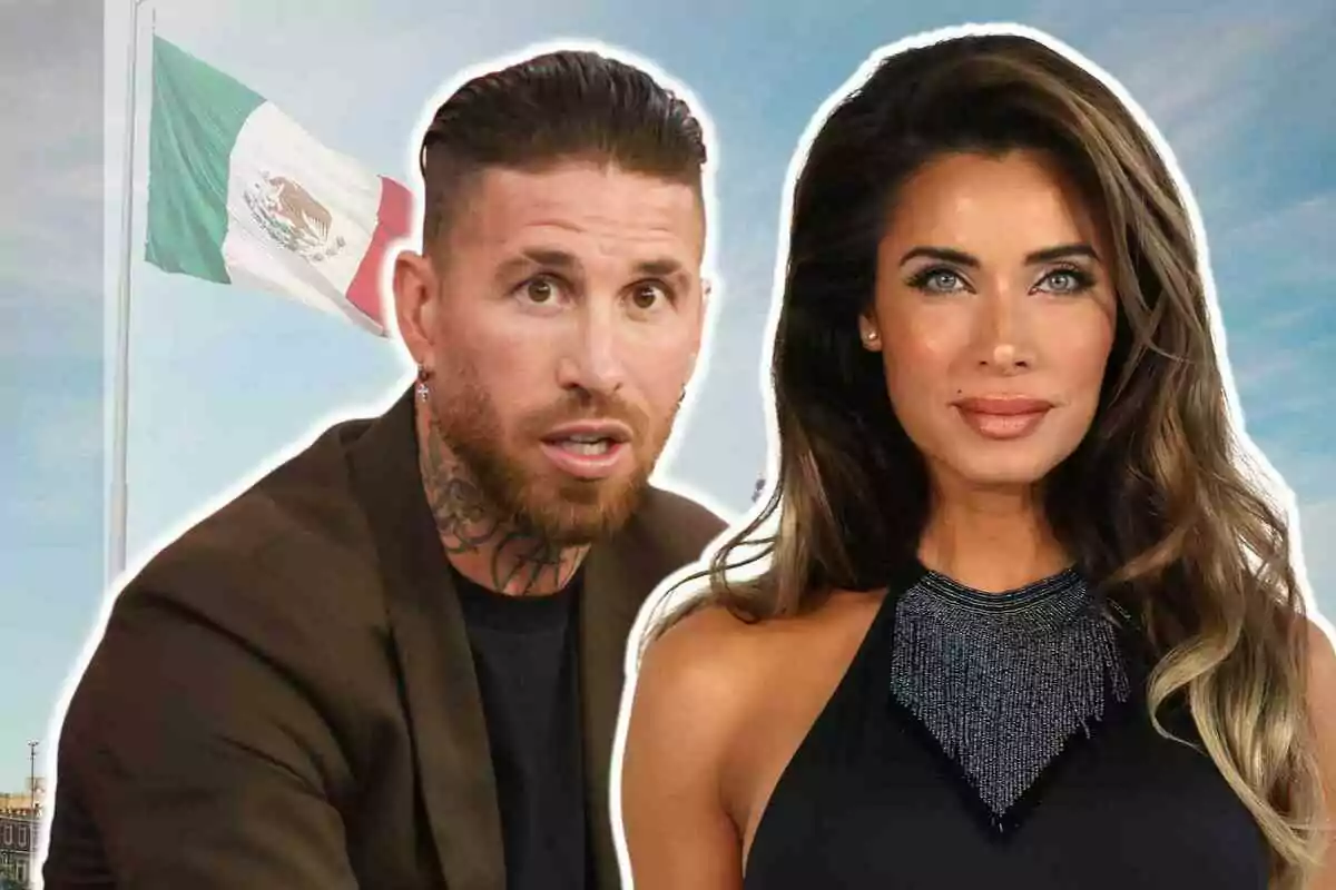 Sergio Ramos and Pilar Rubio in front of a Mexican flag waving in the sky.