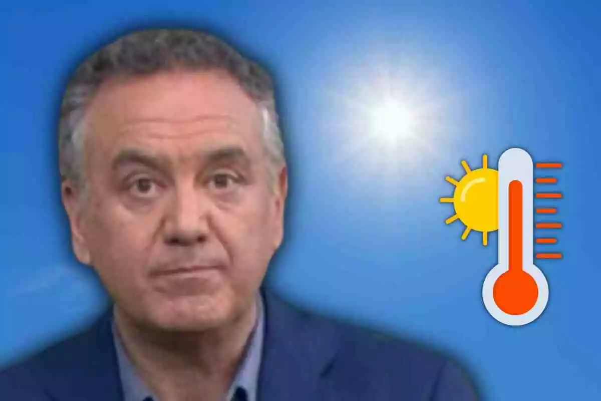 Roberto Brasero amb cabells canosos amb expressió seriosa sobre un fons blau, al costat d’un sol brillant i una icona de termòmetre que indica altes temperatures