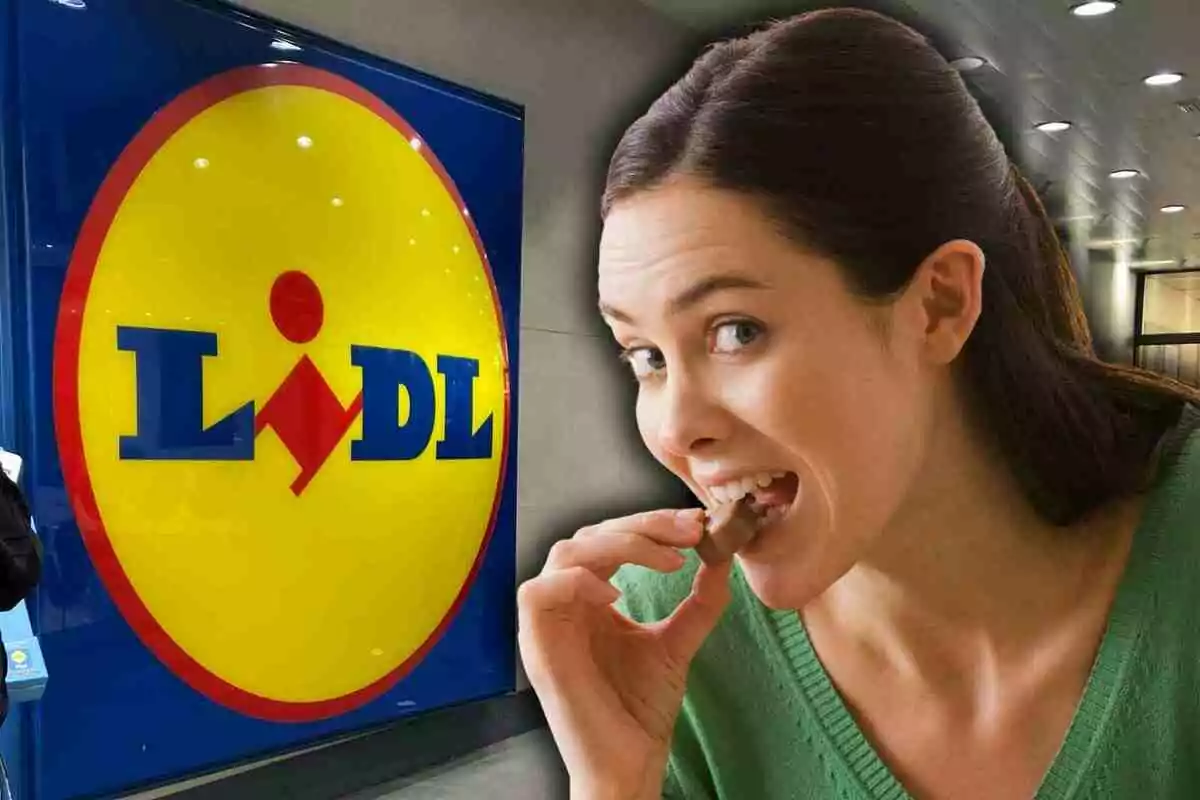 Smiling woman eating a piece of chocolate in front of a large Lidl supermarket sign