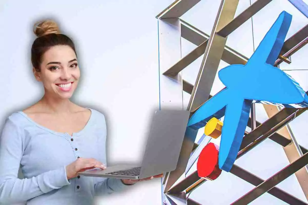 Dona somrient amb un ordinador portàtil davant d’un logotip blau i colorit de CaixaBank sobre una estructura metàl·lica Dona somrient amb un ordinador portàtil davant d’un logotip blau i colorit de CaixaBank sobre una estructura metàl·lica