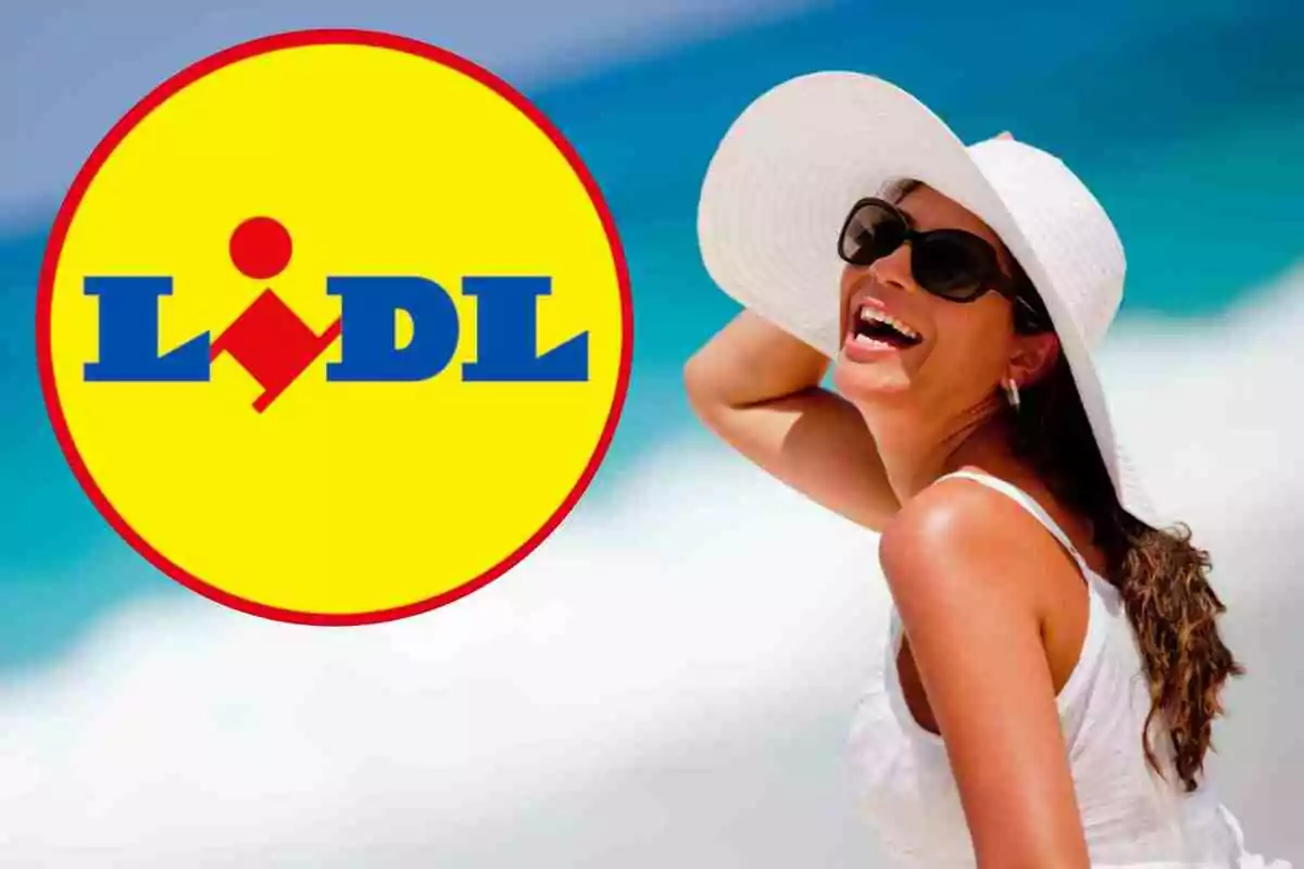 Dona somrient amb barret blanc i ulleres de sol a la platja al costat del logotip de Lidl