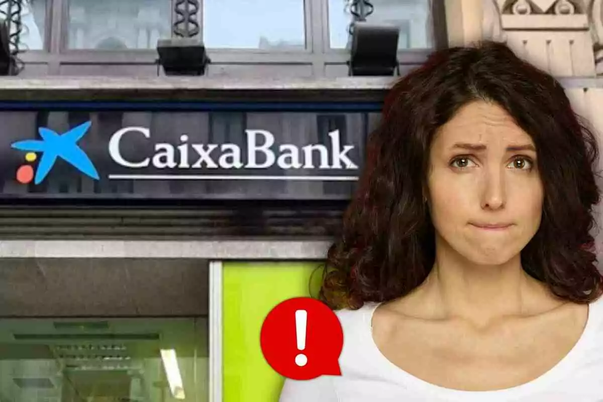 Una dona amb expressió preocupada davant d'un rètol de CaixaBank amb una icona d'advertència en vermell.