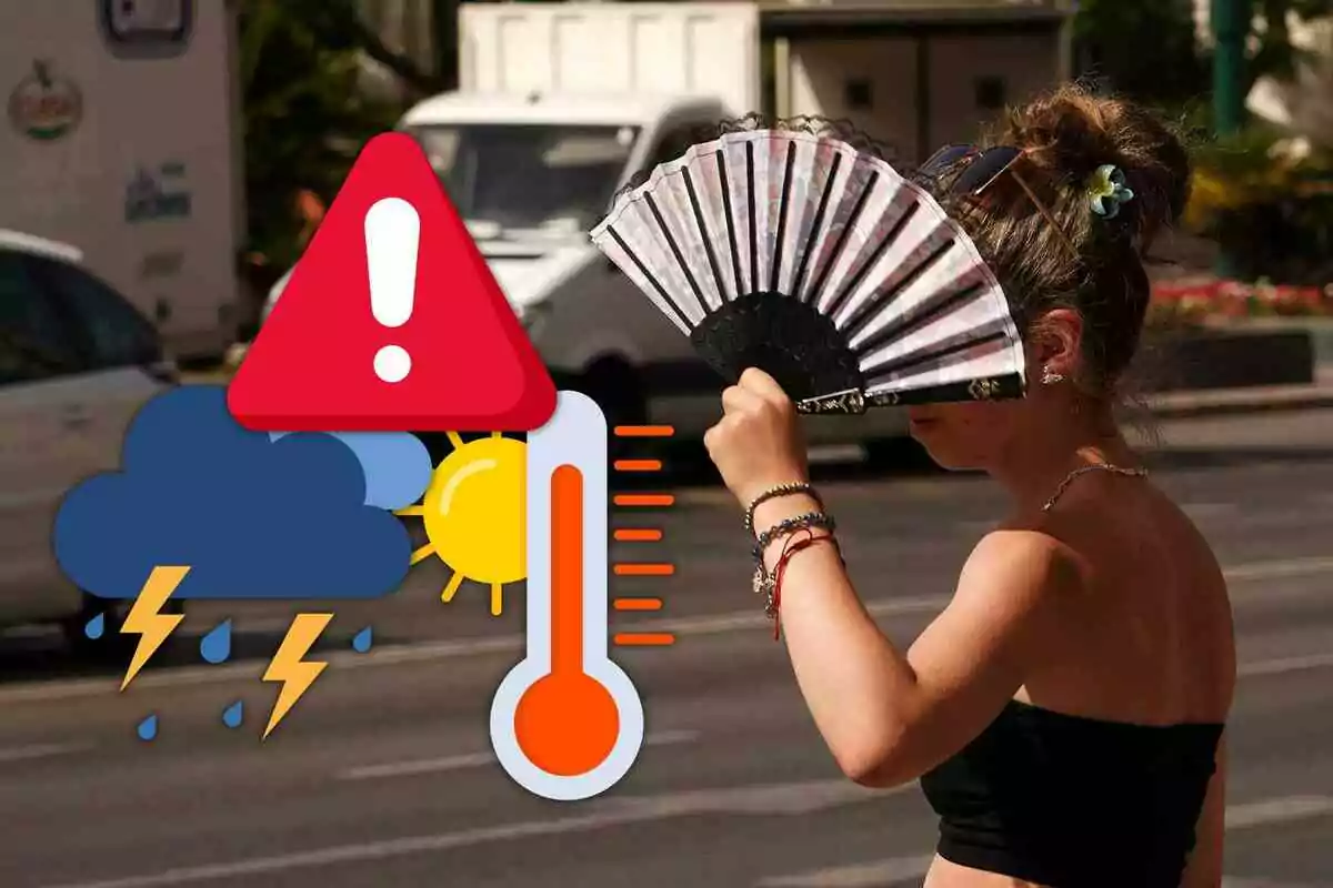 Dona ventant-se al carrer durant una onada de calor amb icones d’advertència meteorològica i altes temperatures superposades Dona ventant-se al carrer durant una onada de calor amb icones d’advertència meteorològica i altes temperatures superposades