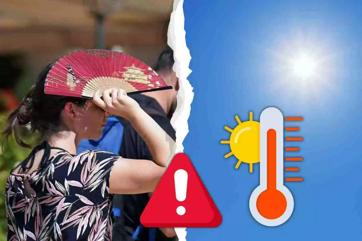 Dona fent servir un ventall per protegir-se del sol al costat d’un gràfic de termòmetre alt i un símbol d’advertència per calor extrema Dona fent servir un ventall per protegir-se del sol al costat d’un gràfic de termòmetre alt i un símbol d’advertència per calor extrema