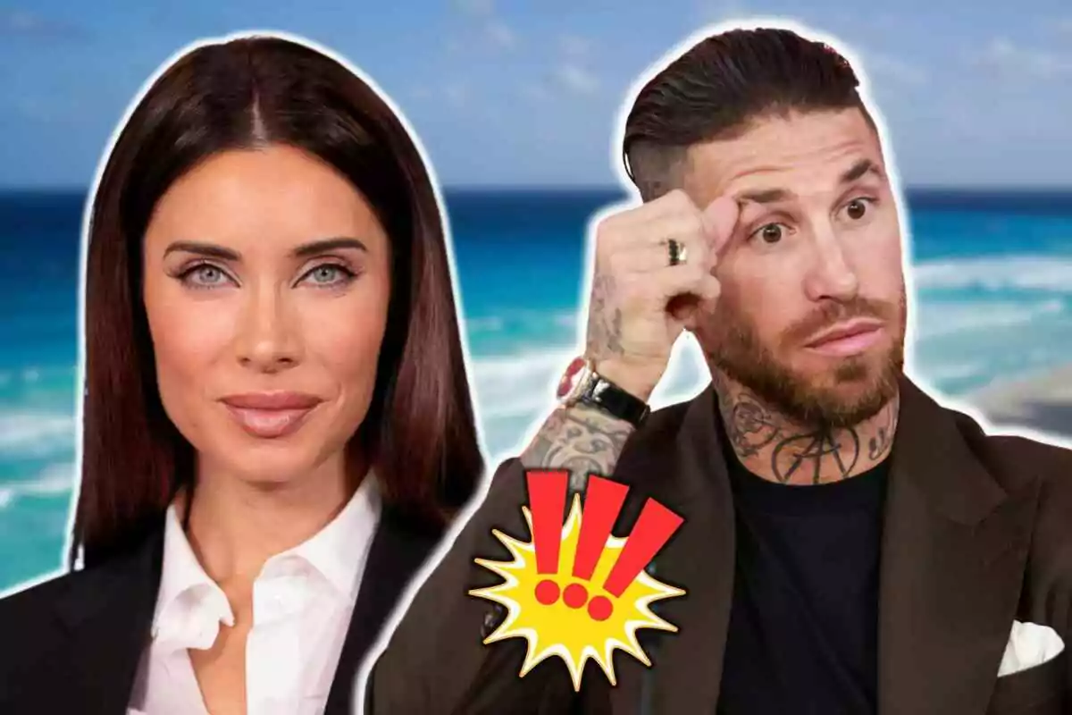 Sergio Ramos y Pilar Rubio posando frente a un fondo de playa con un gráfico de exclamación en el centro.