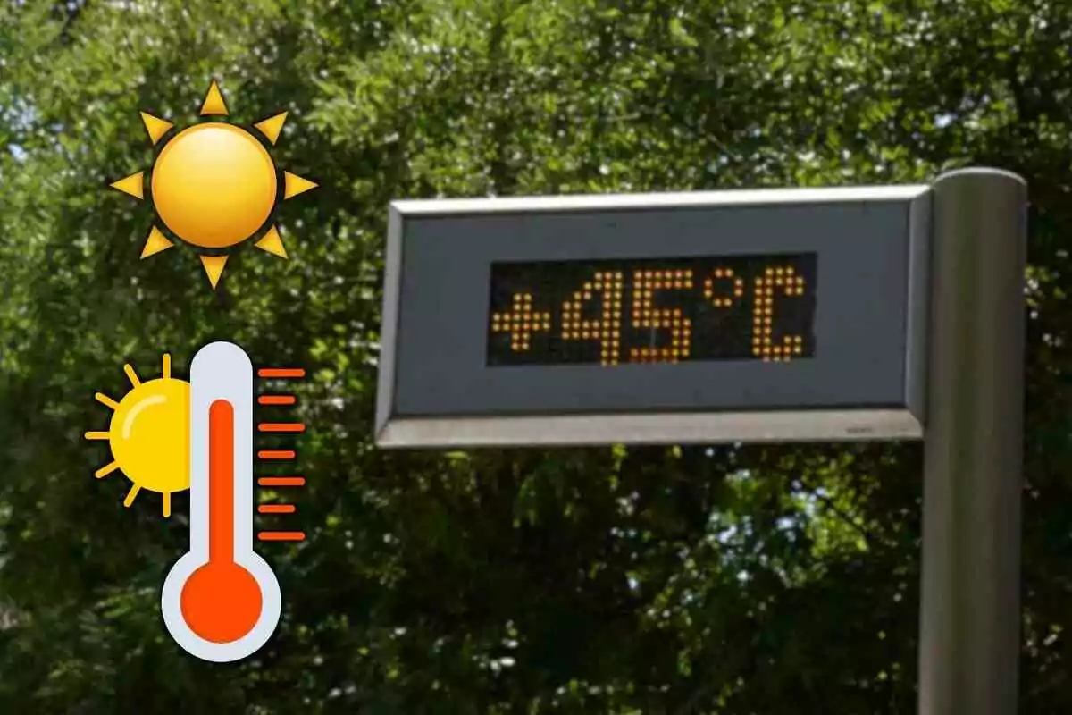 Termòmetre digital al carrer marcant 45 graus centígrads amb arbres de fons i dibuixos de sol i calor. Termòmetre digital al carrer marcant 45 graus centígrads amb arbres de fons i dibuixos de sol i calor.